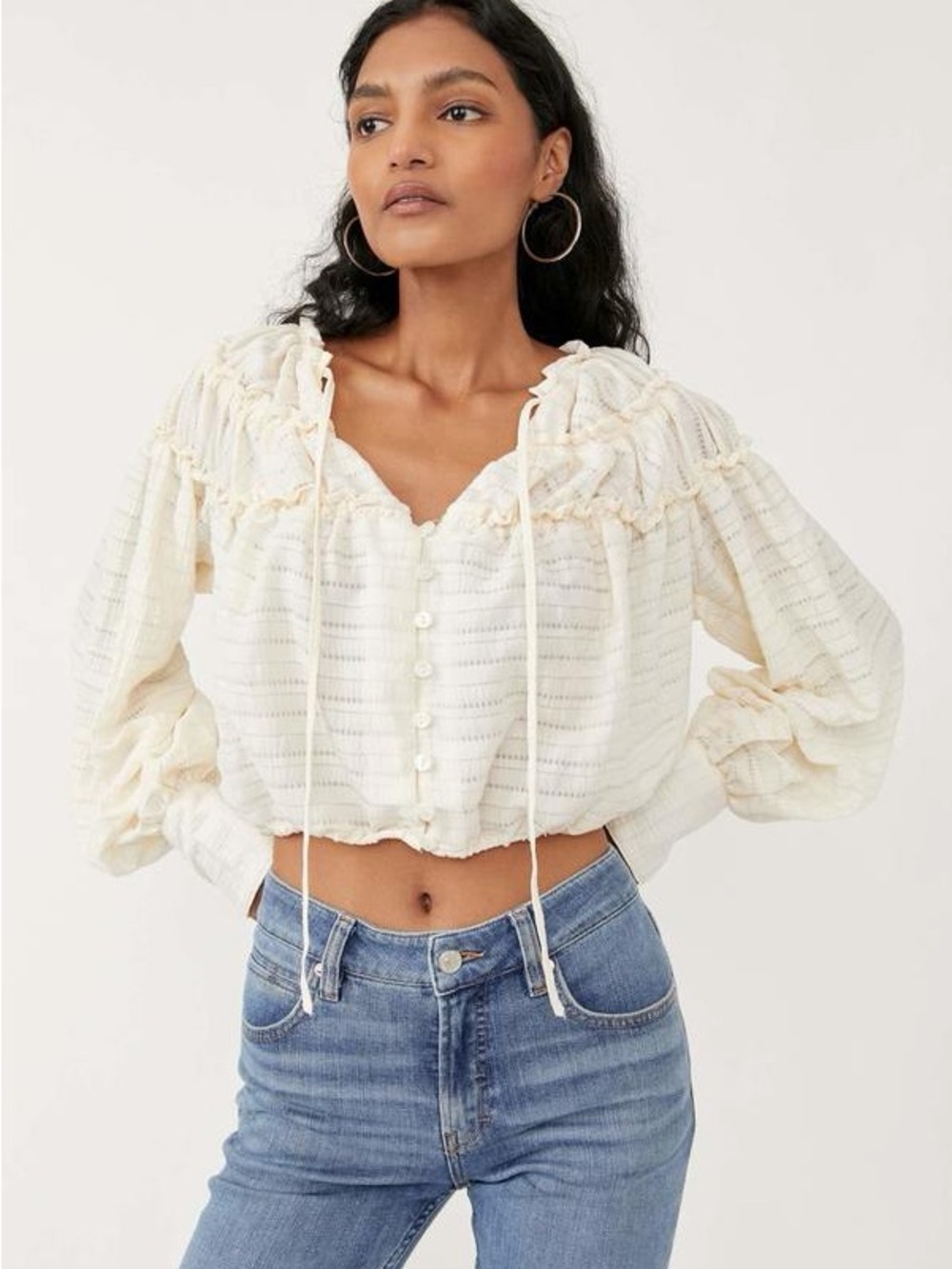 Free People Hailey Crinkle Ruffled Button-Front Peasant Blouse in Ivory